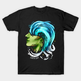 Earth Face With Ocean Wave Hair For Earth Day T-Shirt